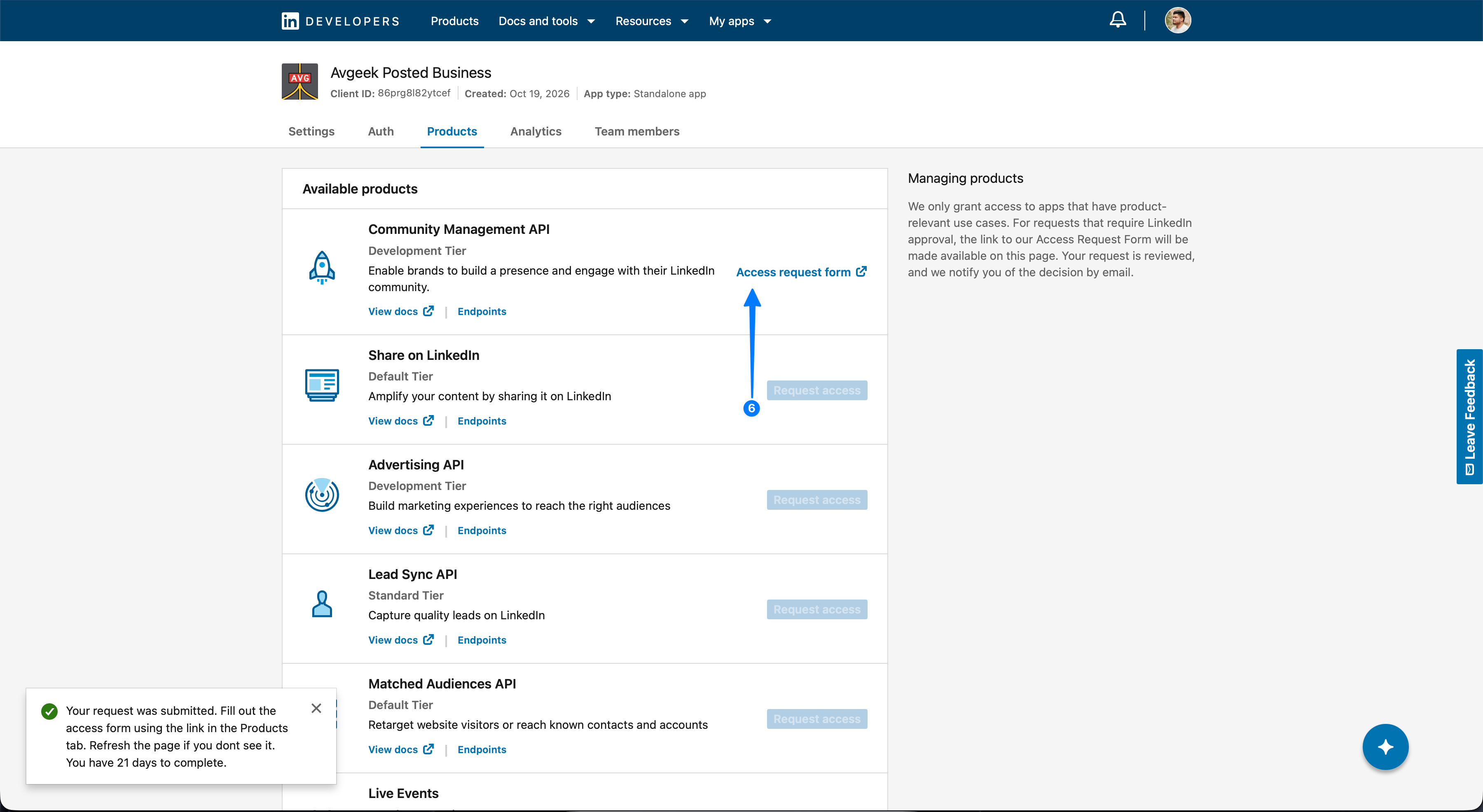 LinkedIn Pages setup: open the access request form.