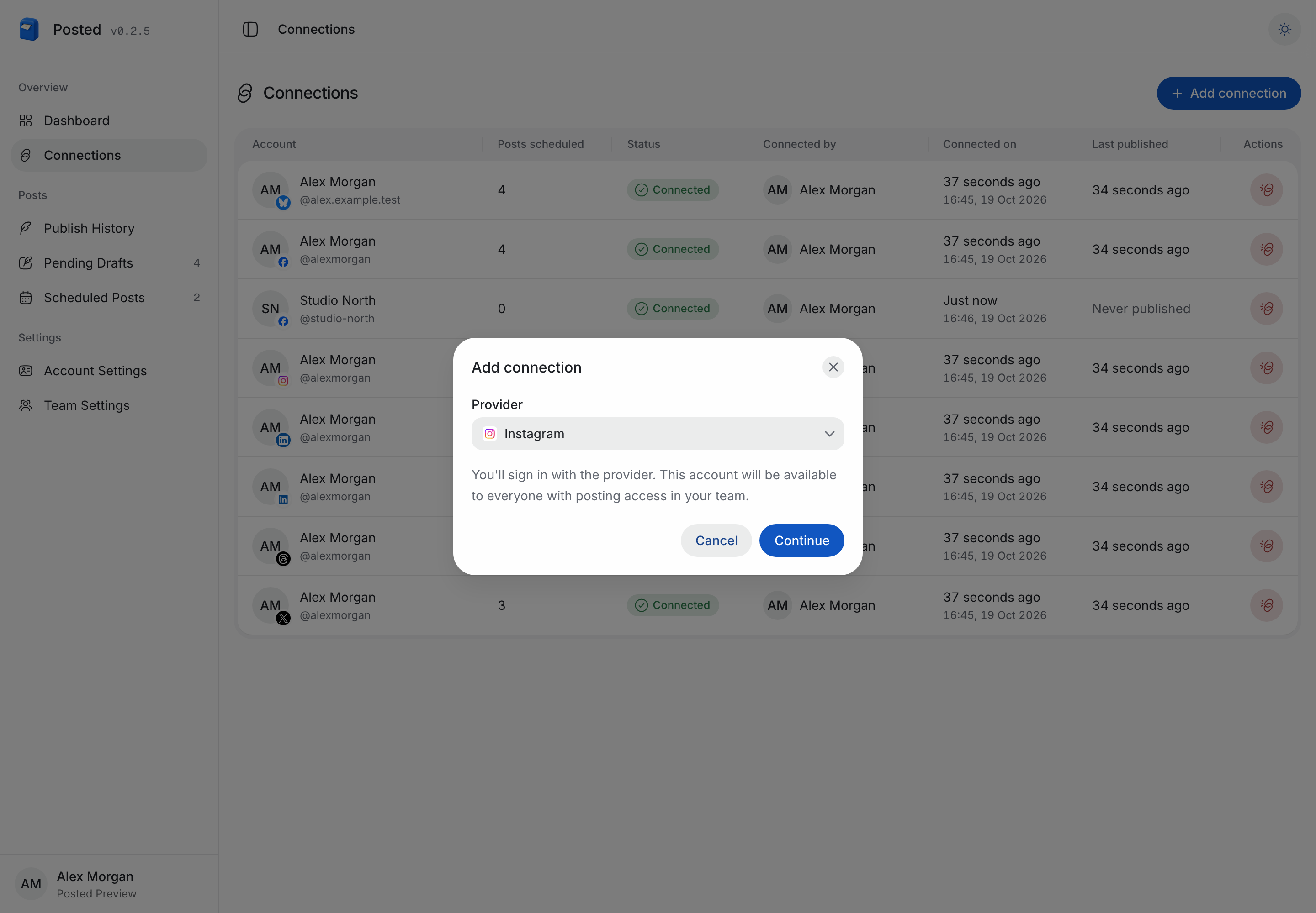 Posted Add connection dialog with Instagram selected as the provider.