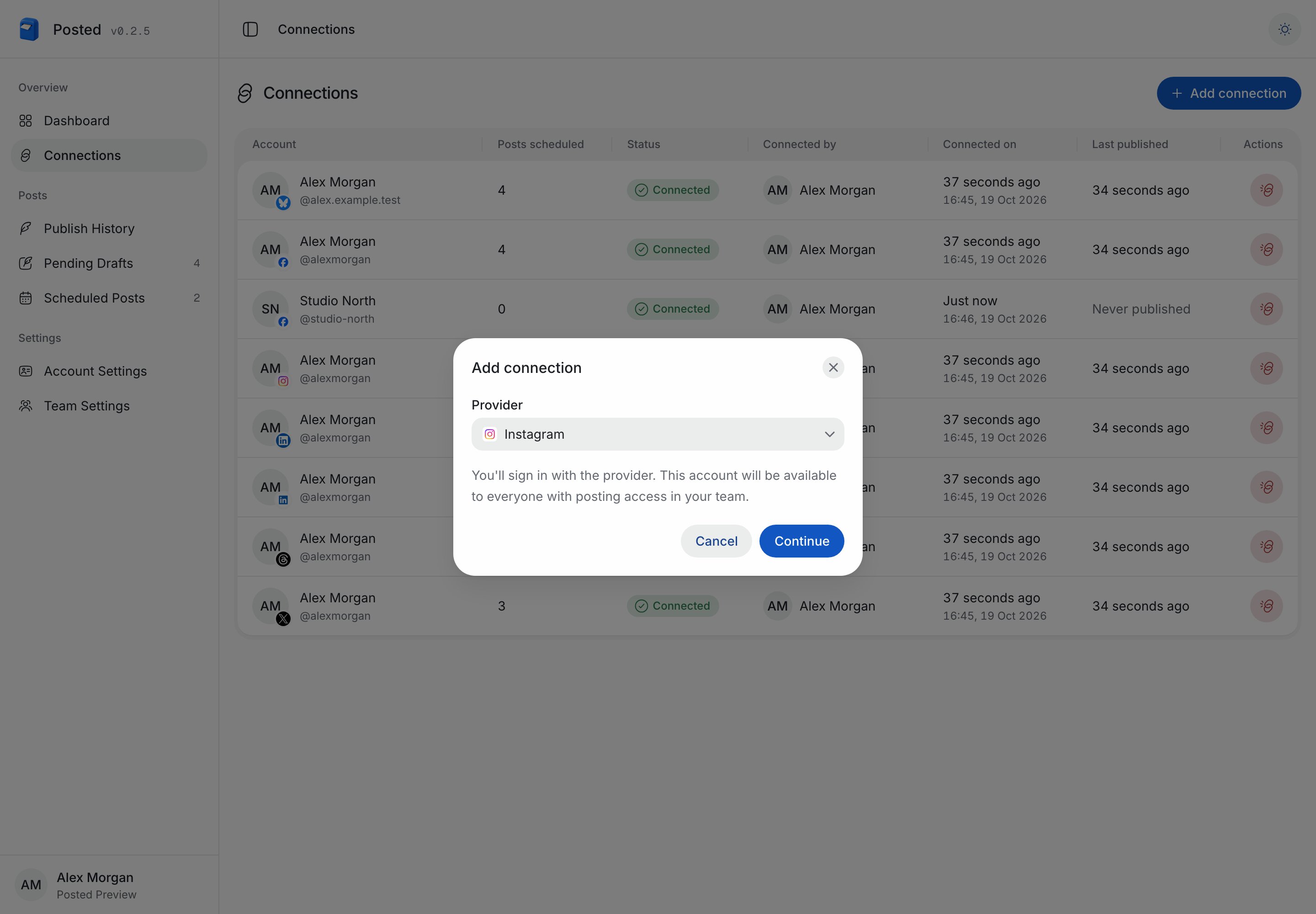 Posted Add connection dialog with Instagram selected as the provider.
