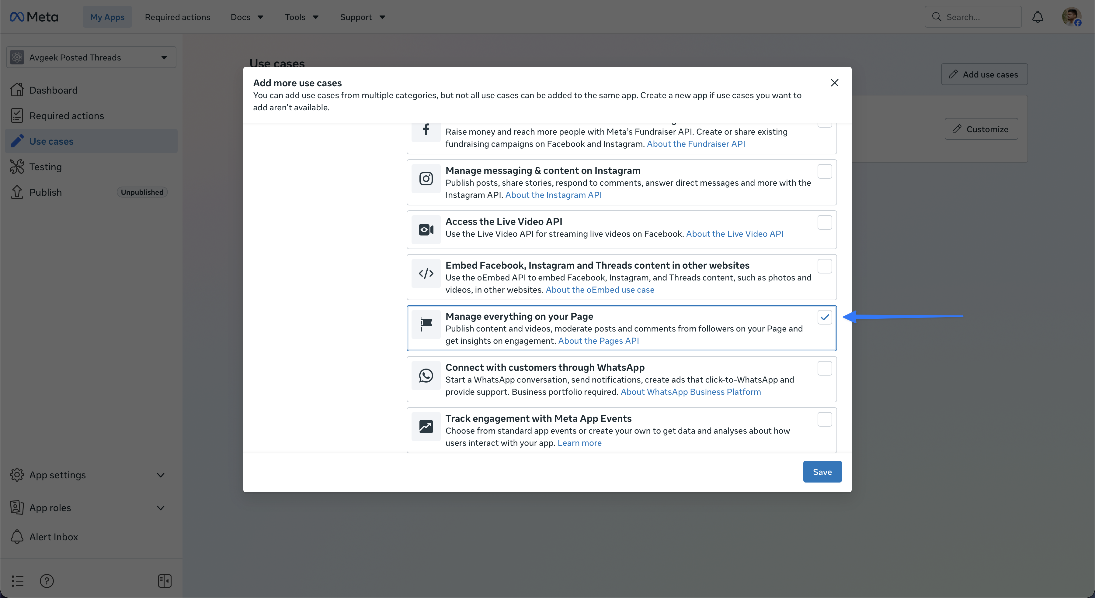 Meta Add more use cases dialog with Manage everything on your Page selected.