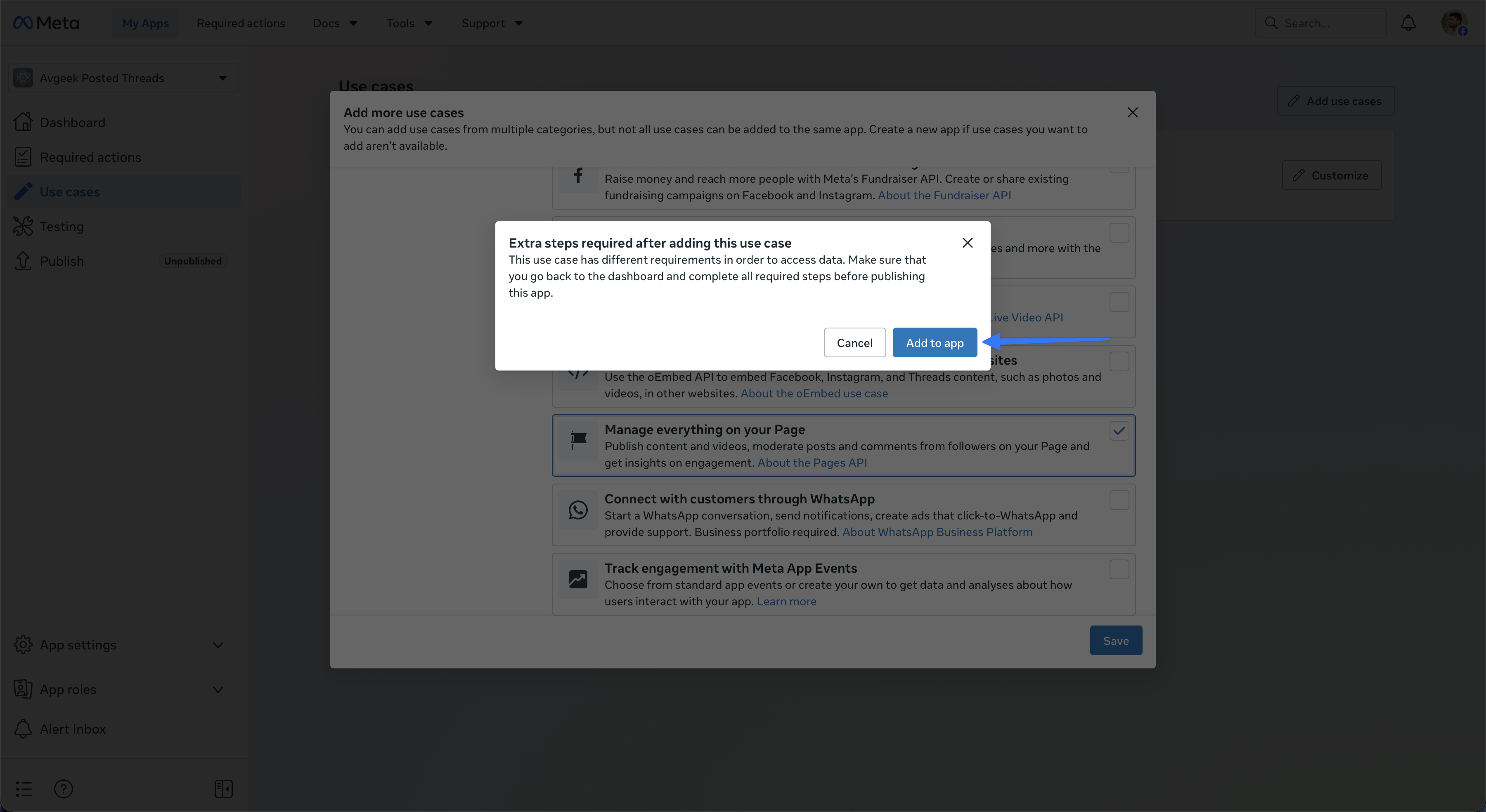Meta confirmation dialog with Add to app highlighted.
