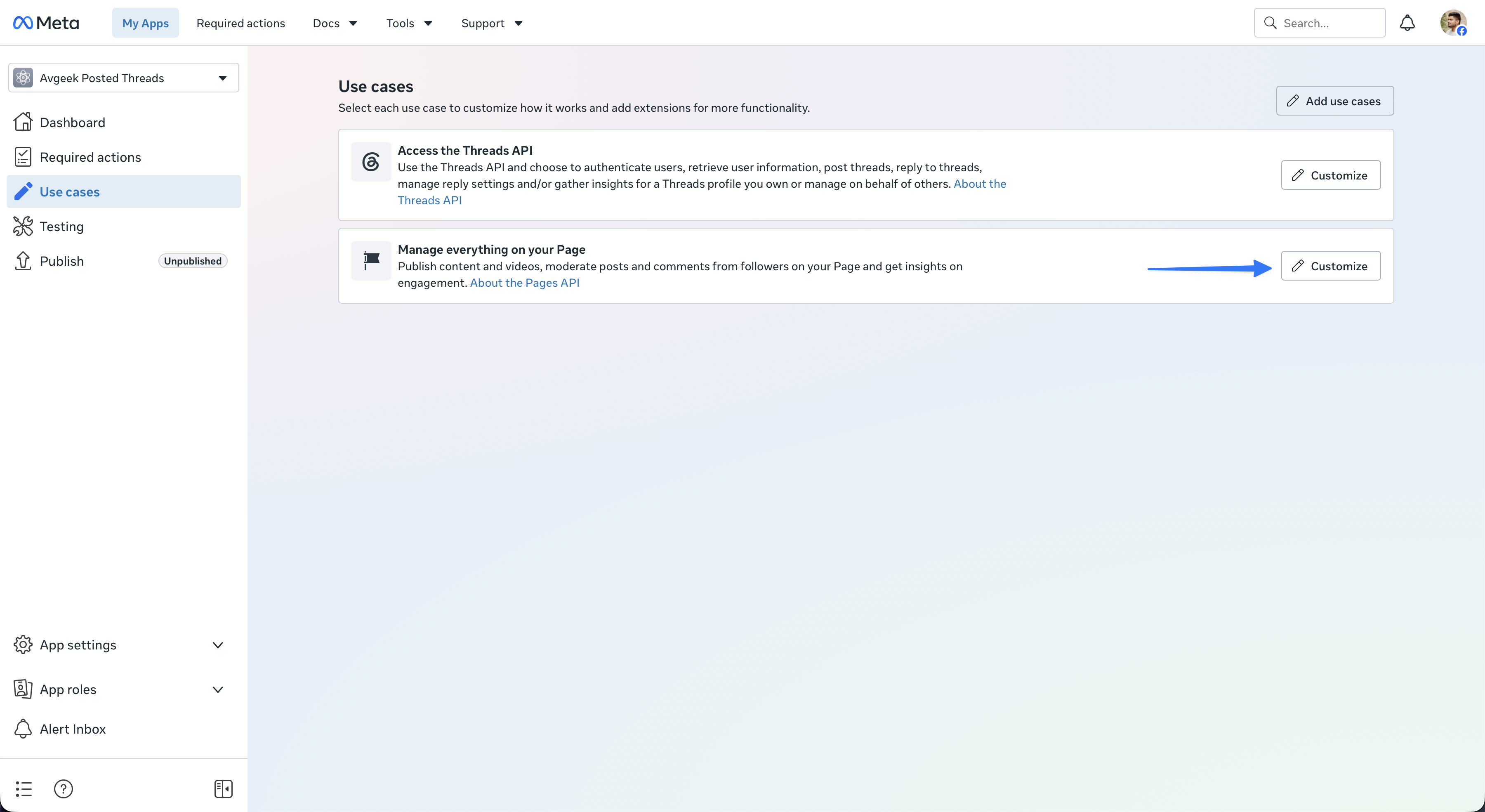 Meta use cases showing Threads and Page management with the Page Customize button highlighted.