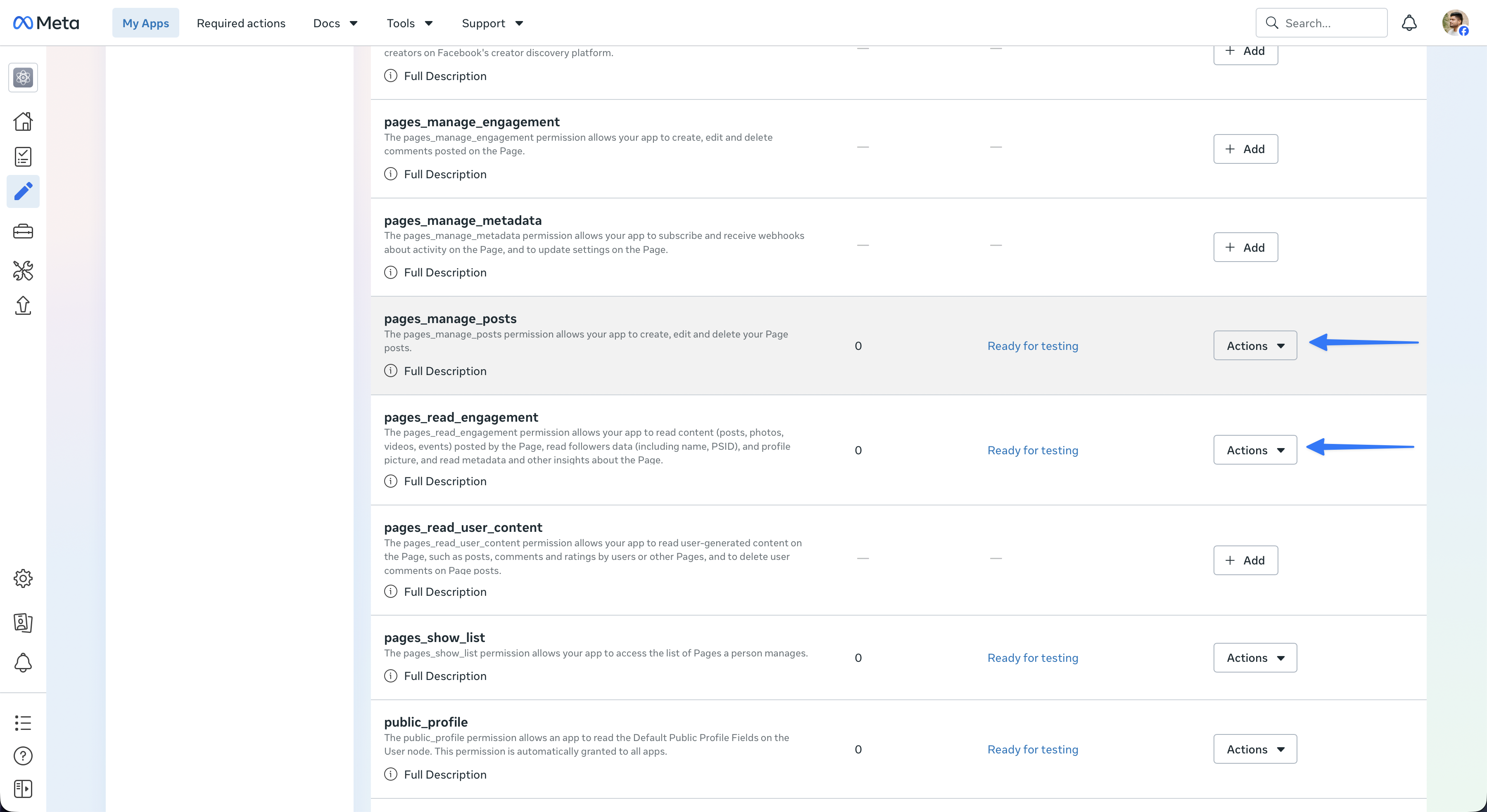 Meta Page permissions with pages_manage_posts, pages_read_engagement and pages_show_list ready for testing.