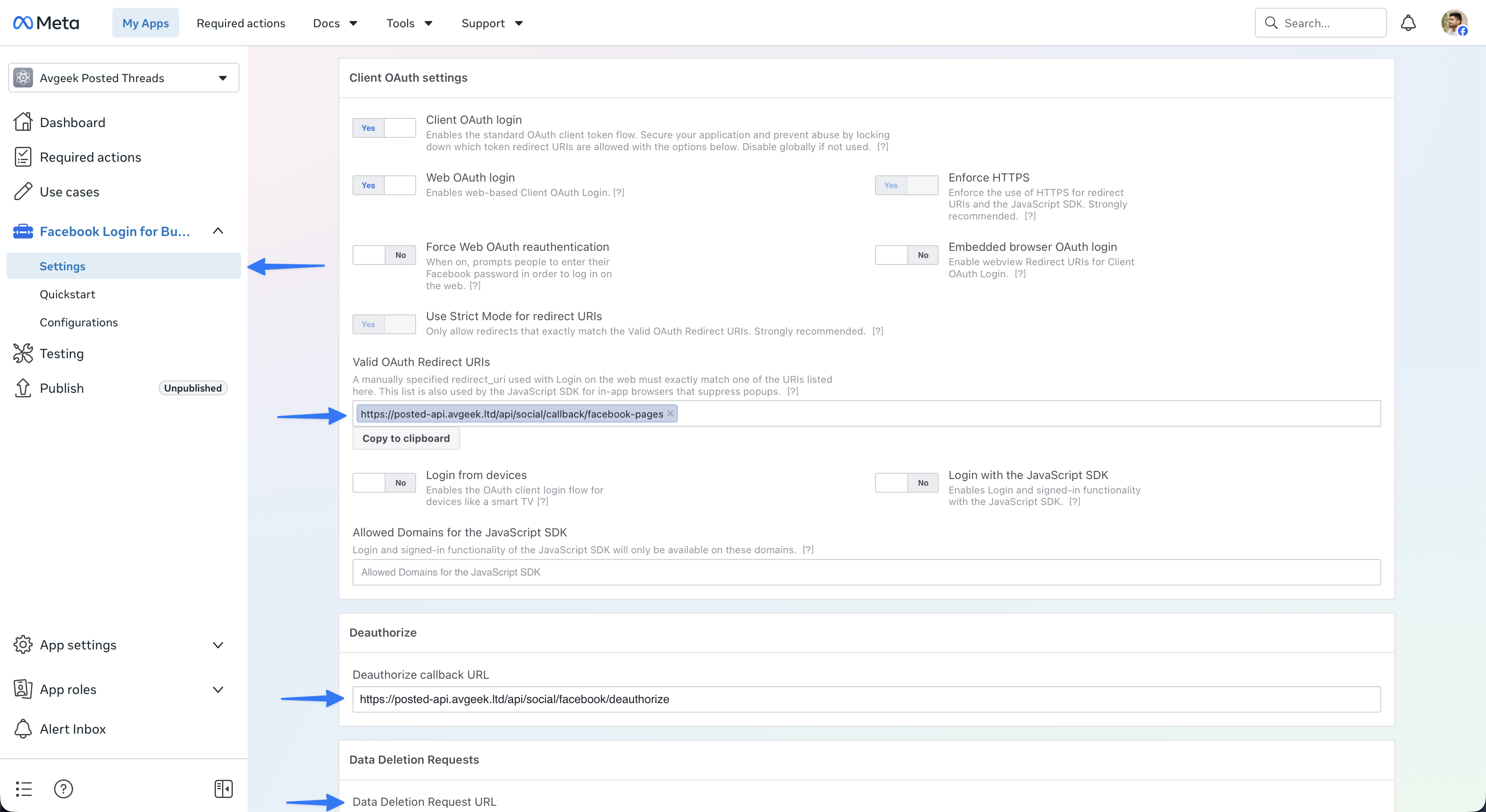 Facebook Login for Business settings with OAuth redirect and deauthorization URLs entered and the data deletion section below.