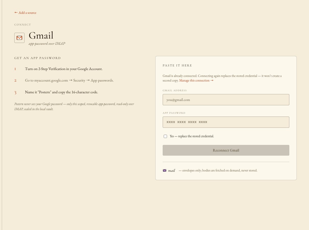 The Console's Gmail connect screen: a Gmail address field with the placeholder you@gmail.com, an App password field with the placeholder xxxx xxxx xxxx xxxx, and a footer that reads: envelopes only, bodies are fetched on demand, never stored.