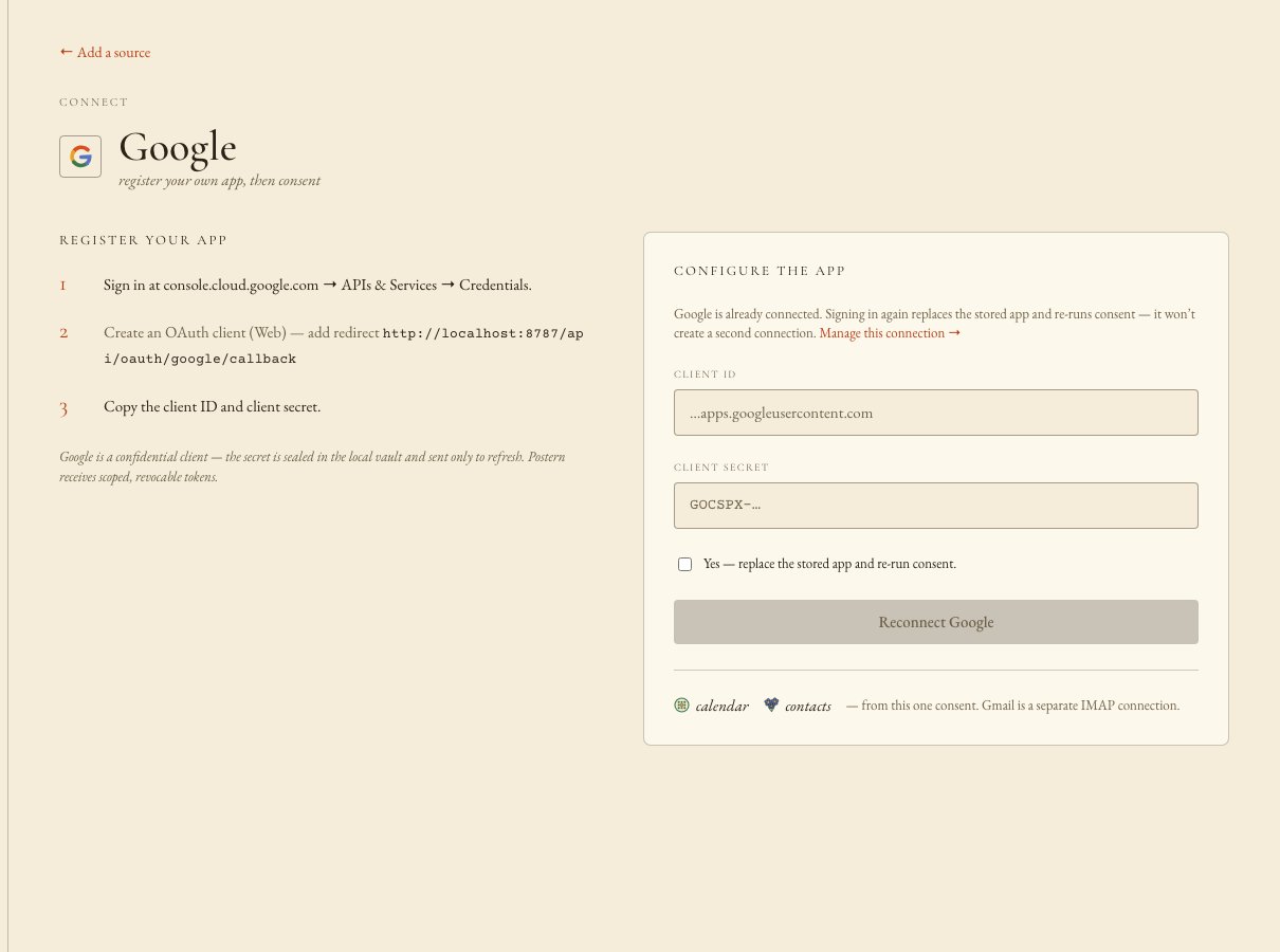 The Console's Google connect screen: numbered steps on the left to register the app, and a Client ID field with the placeholder ...apps.googleusercontent.com and a Client secret field with the placeholder GOCSPX-... on the right, under the heading Configure the app, above the connect button.
