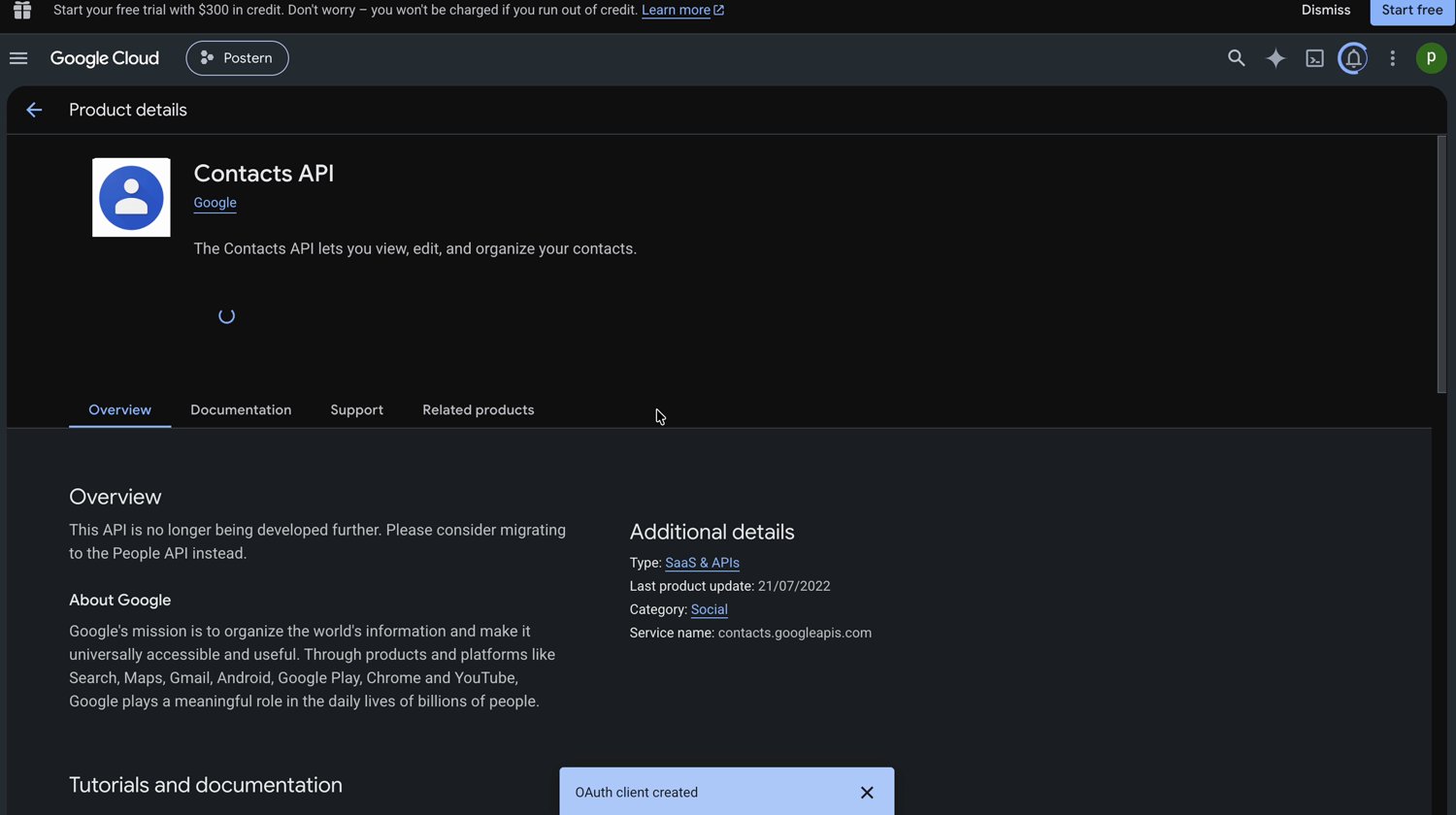 The Google Cloud product page for the Contacts API. The overview reads: this API is no longer being developed further, please consider migrating to the People API instead. Additional details list the last product update as 2022 and the service name as contacts.googleapis.com.