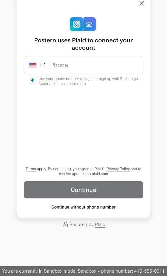 Plaid's hosted Link page, recorded on Sandbox: the heading Postern uses Plaid to connect your account, a phone number field, a grey Continue button, Continue without phone number beneath it, and a grey Sandbox-mode bar across the foot.