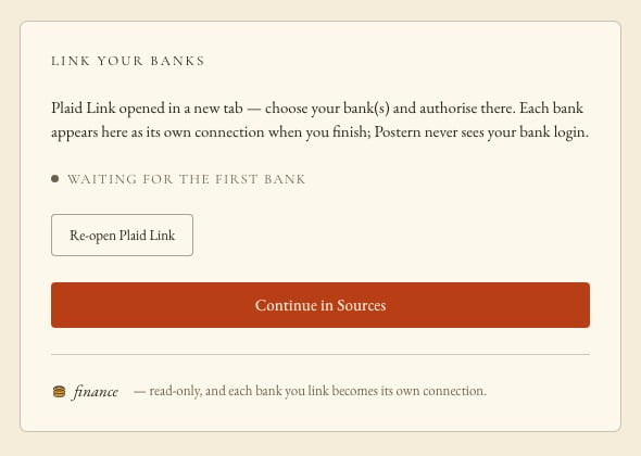 The Console's Link your banks panel: an indicator that reads waiting for the first bank, a Re-open Plaid Link button and a Continue in Sources button.