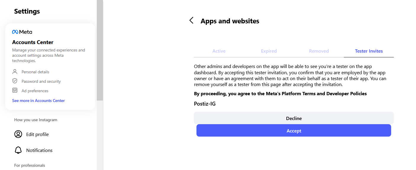 Apps and Websites section of the profile settings