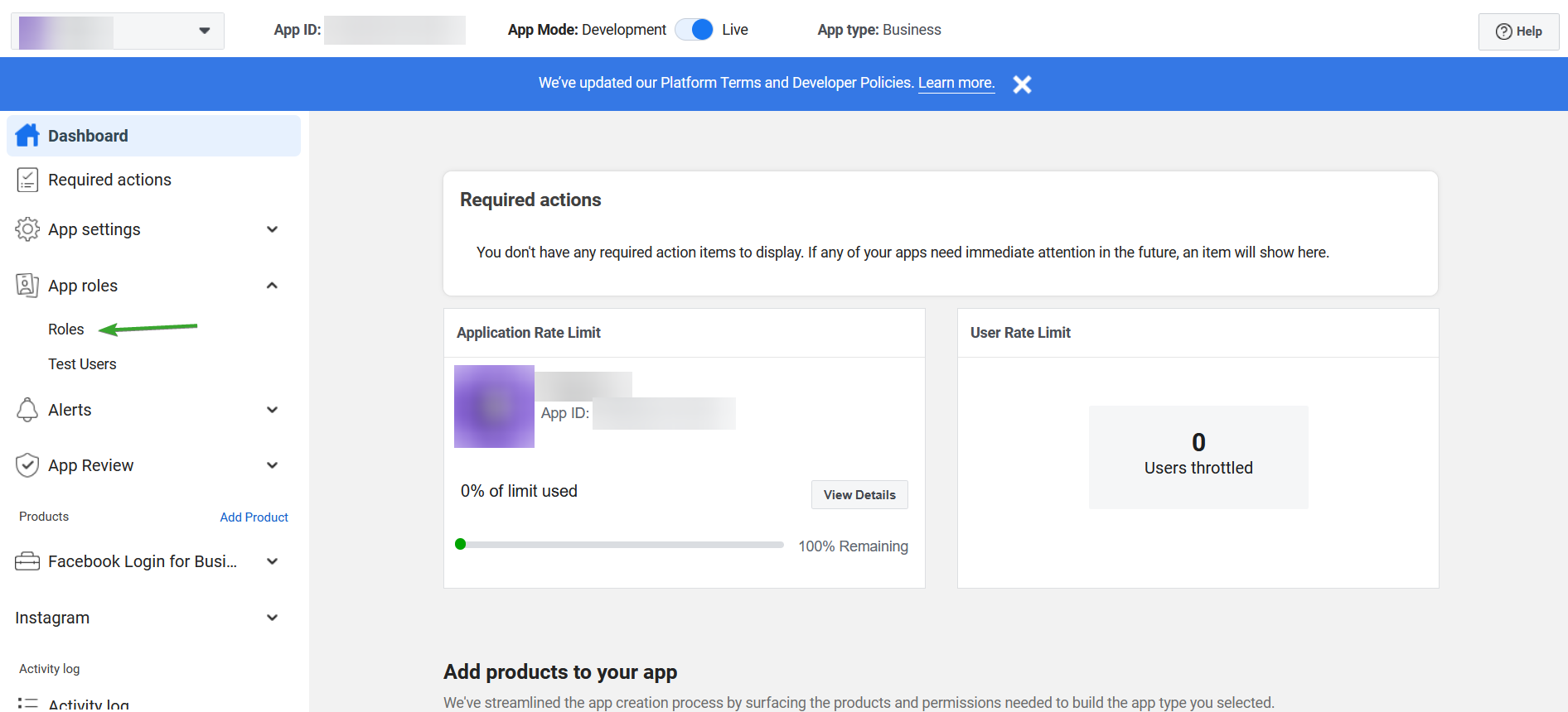 Facebook App developers dashboard