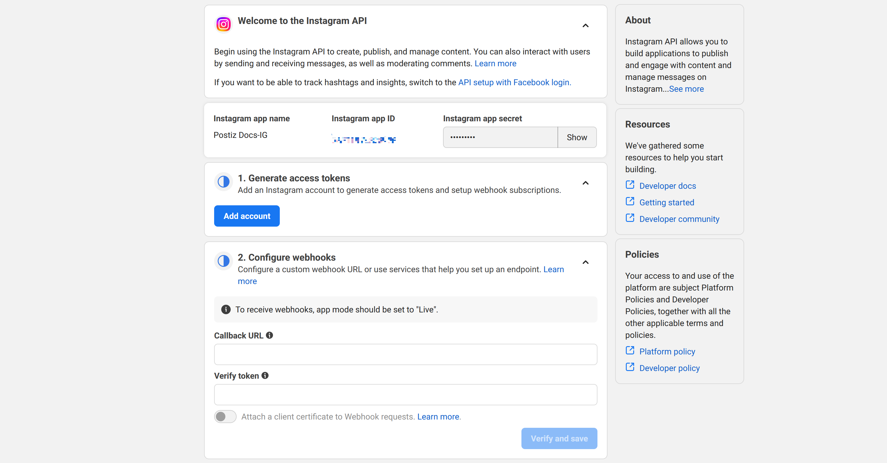 Instagram App ID and Secret