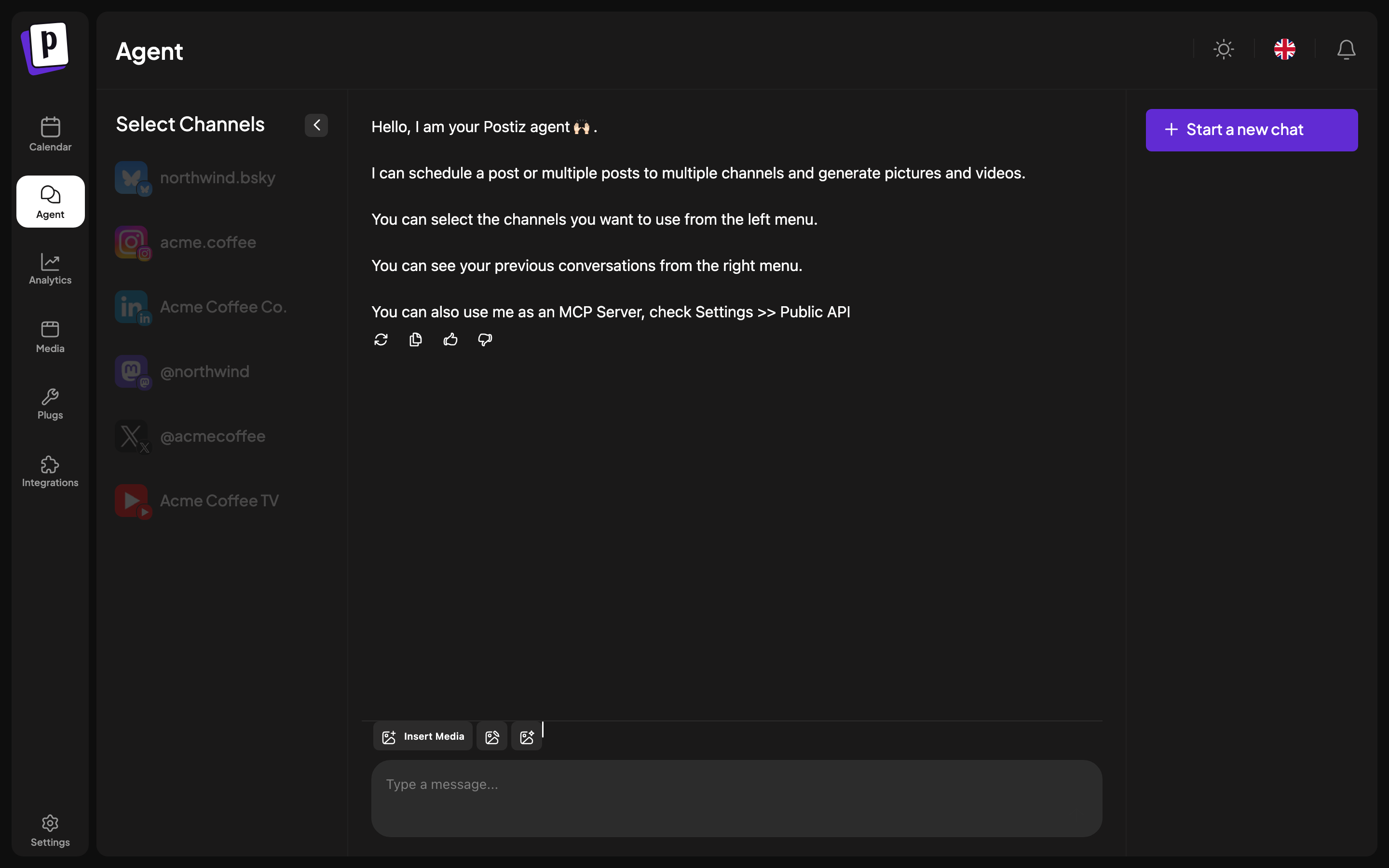 The AI agent chat with the channel selector and conversation list
