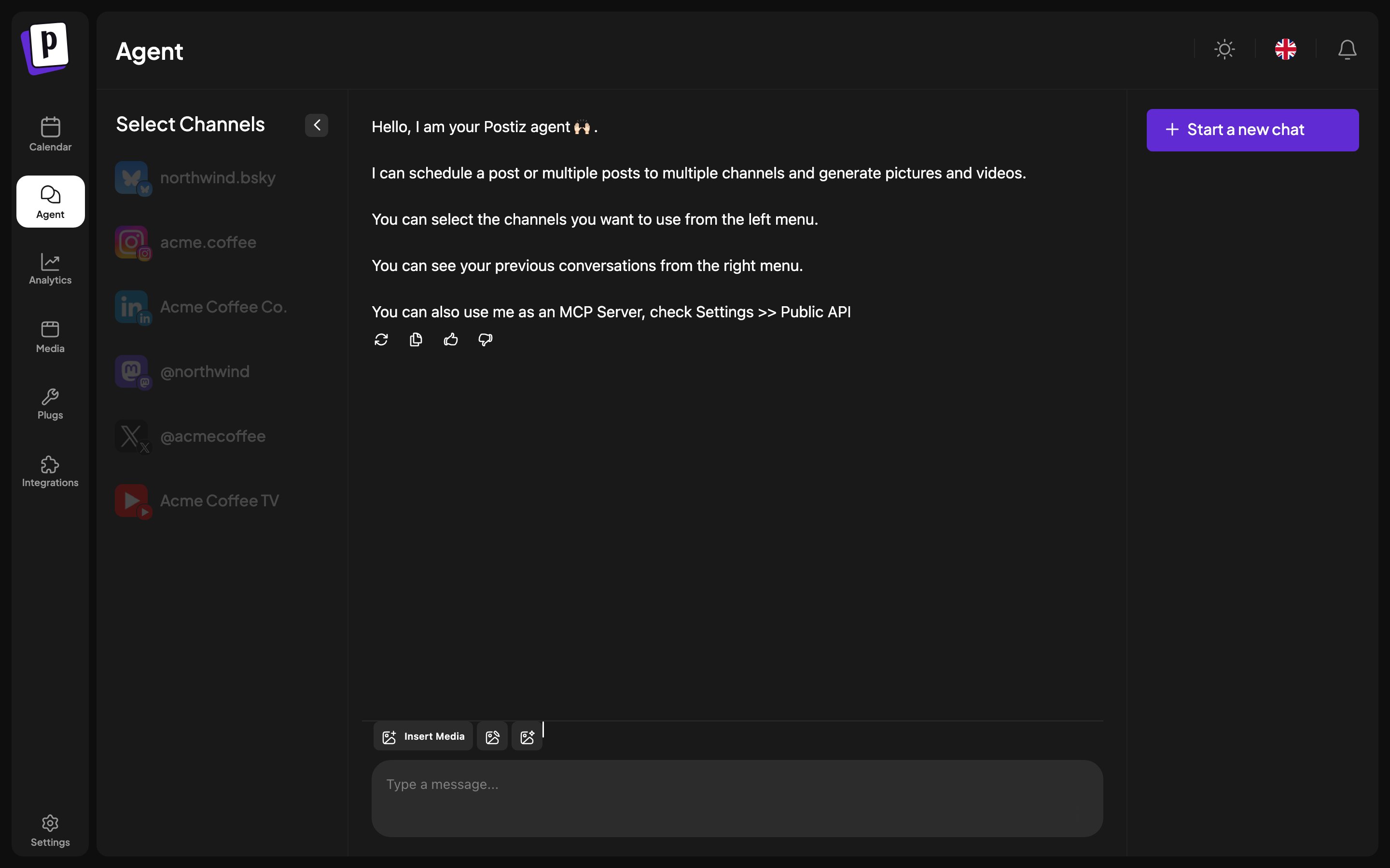 The AI agent chat with the channel selector and conversation list