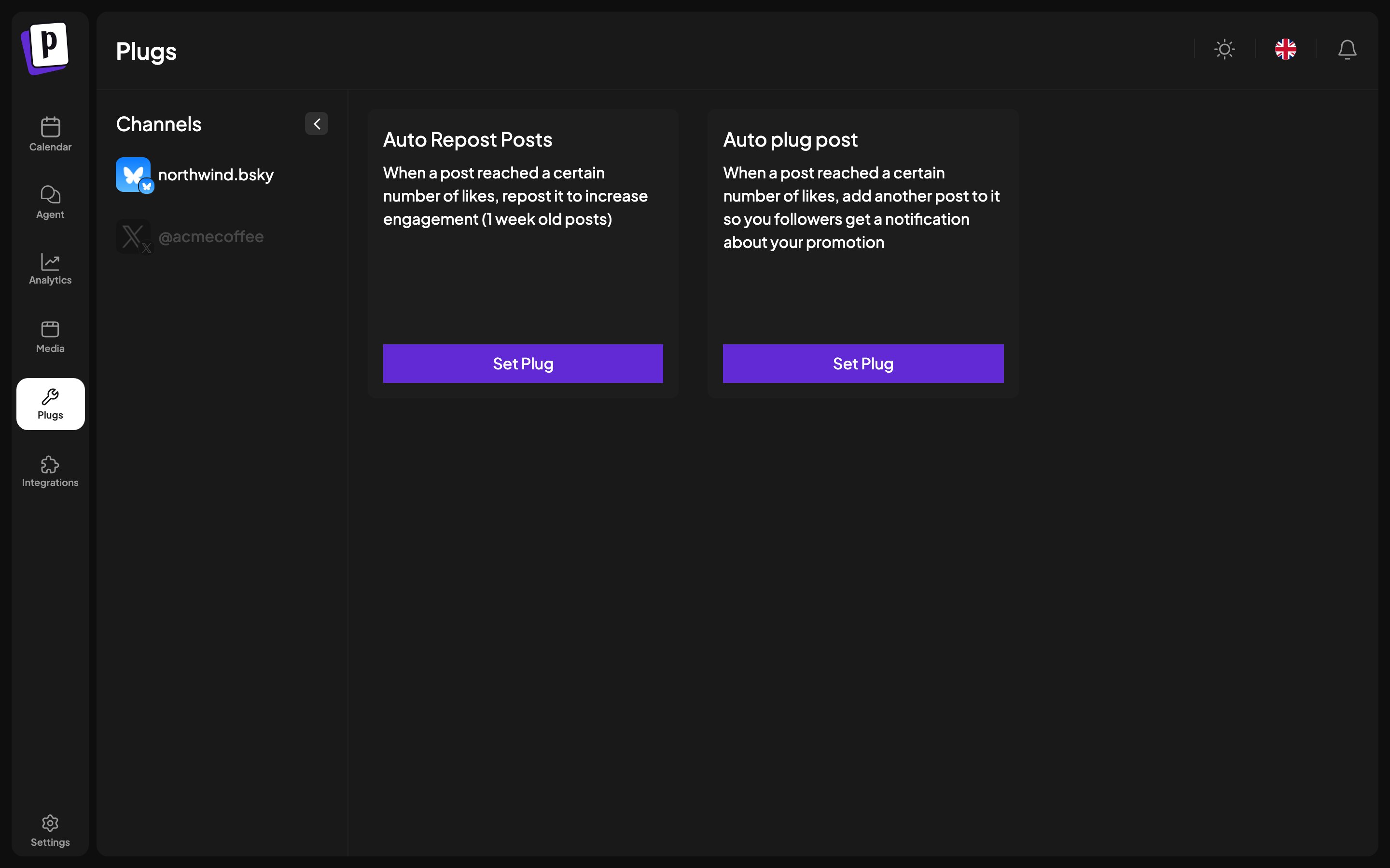 The Plugs page listing channels that support automations