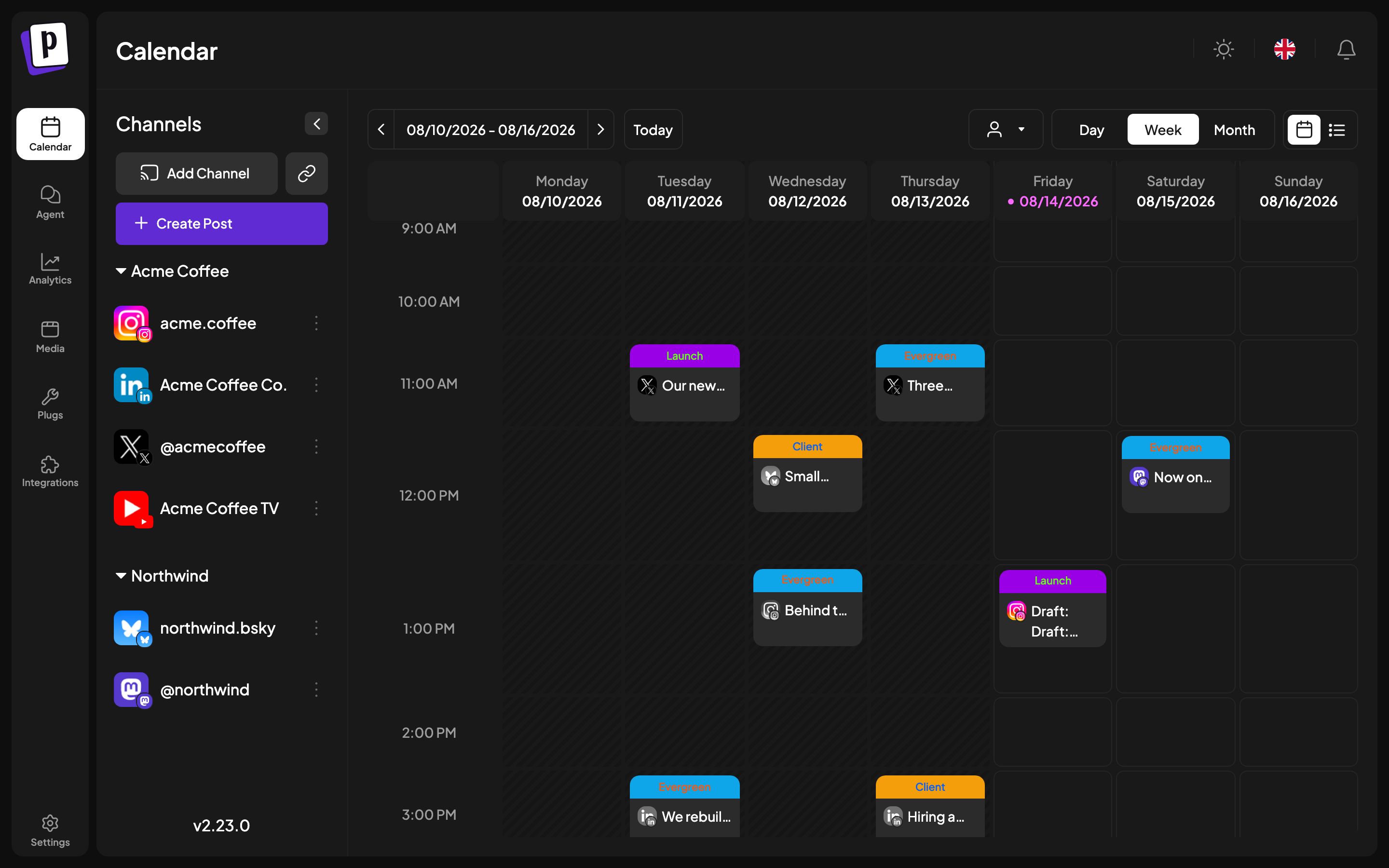 The Postiz interface: icon rail on the left, channel list, and the calendar