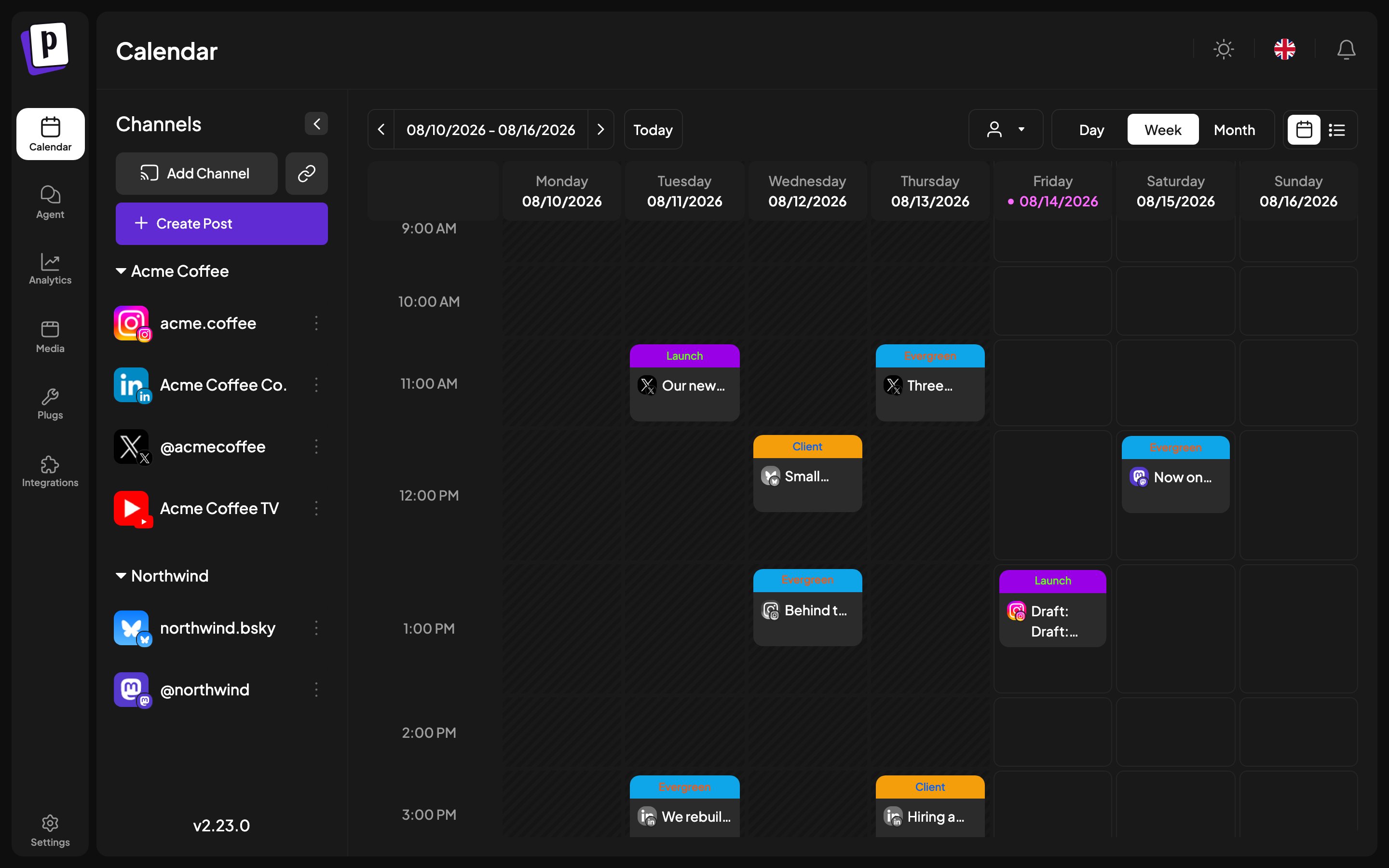 The Postiz interface: icon rail on the left, channel list, and the calendar