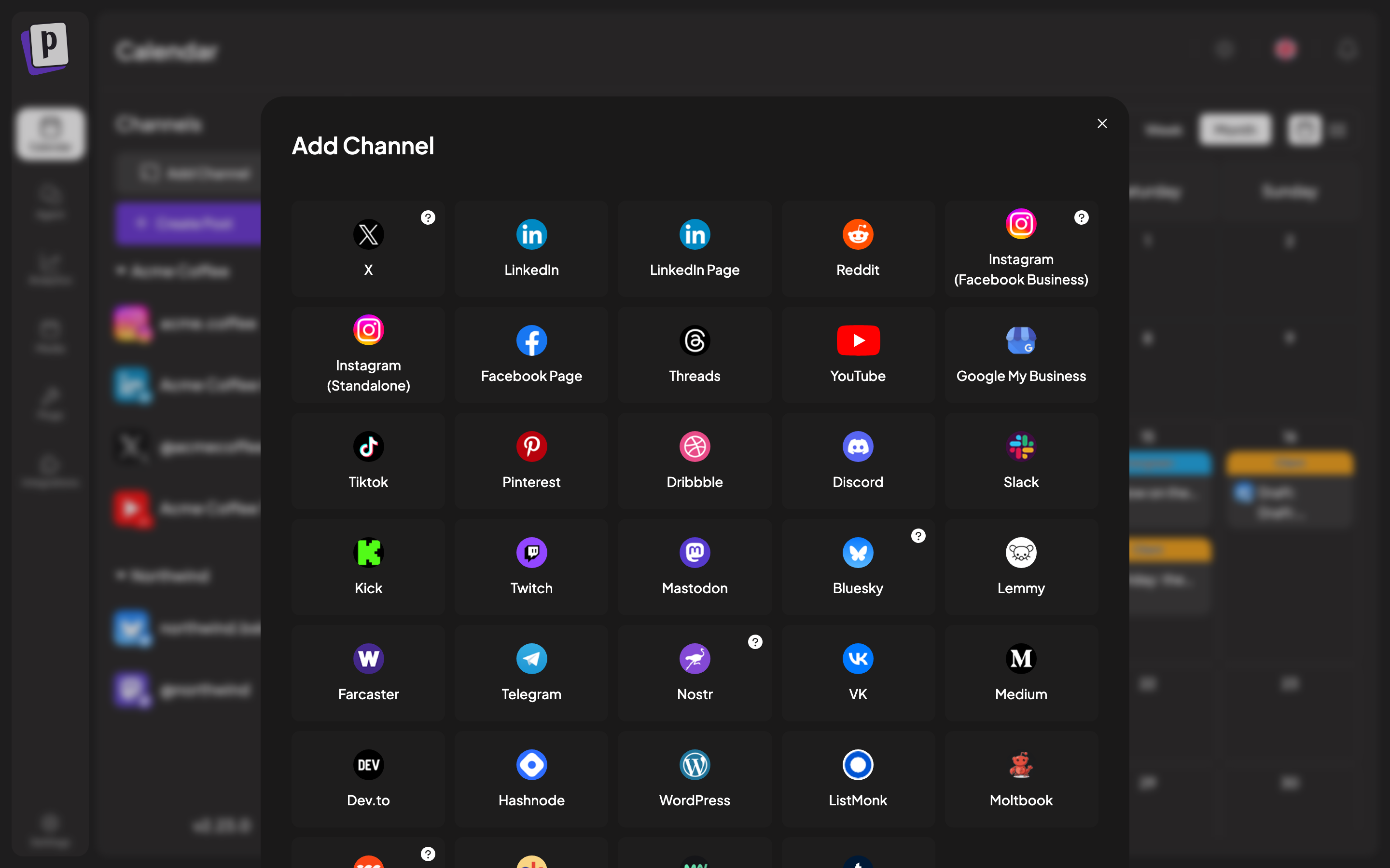 The Add Channel dialog showing the grid of supported platforms