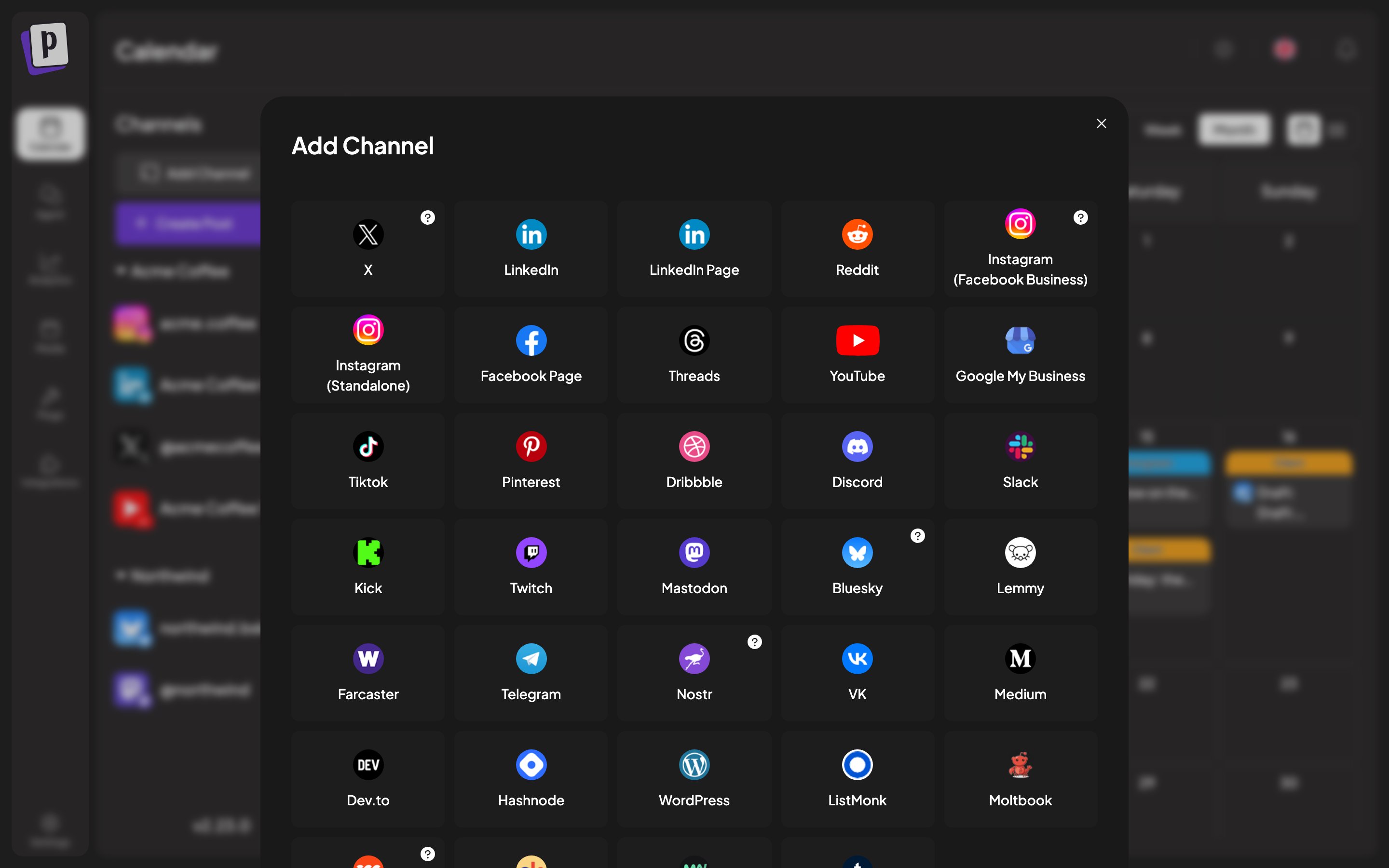 The Add Channel dialog showing the grid of supported platforms