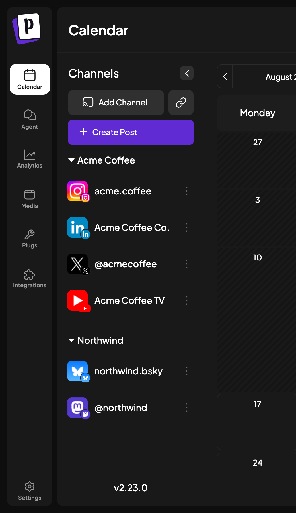 Channel sidebar with channels grouped under two client headings