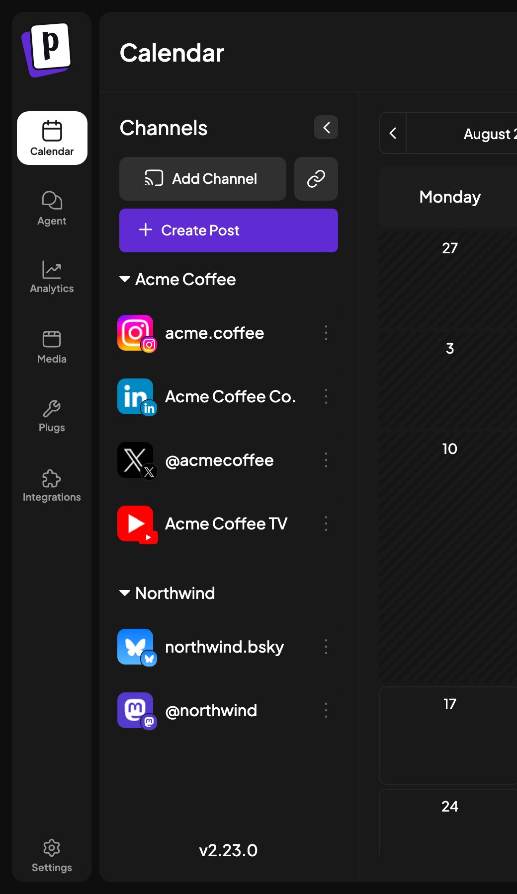 Channel sidebar with channels grouped under two client headings