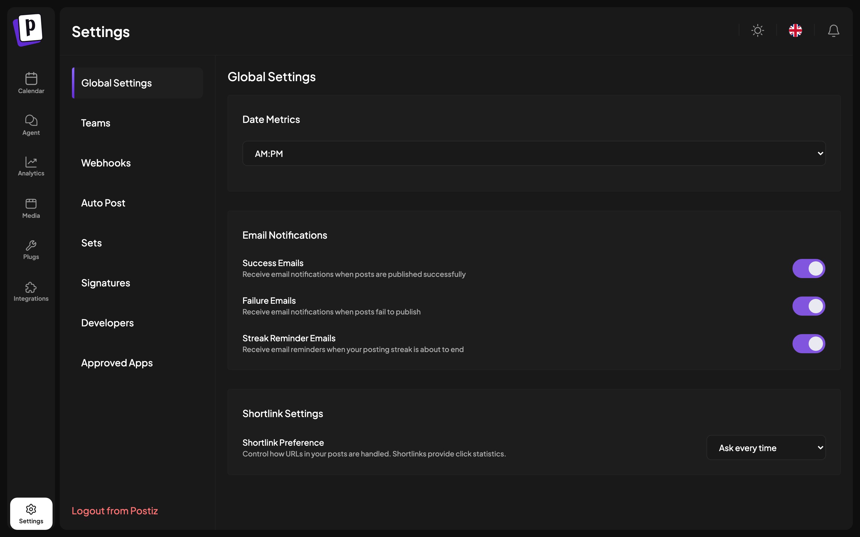The Postiz settings screen with its tab list