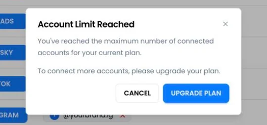 The Account Limit Reached dialog with Cancel and Upgrade plan buttons