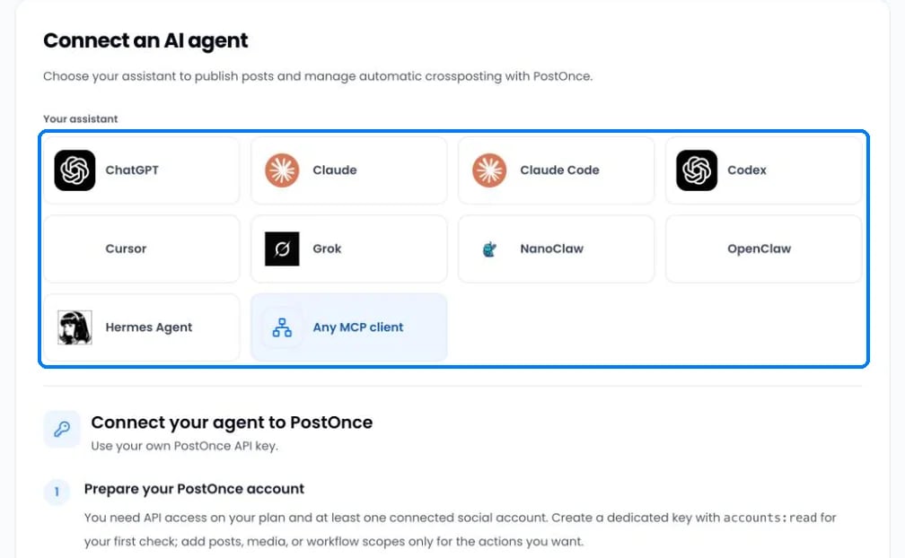 Settings, AI agents tab: choose your assistant from ChatGPT, Claude, Claude Code, Codex, Cursor, Grok, NanoClaw, OpenClaw, Hermes Agent or Any MCP client
