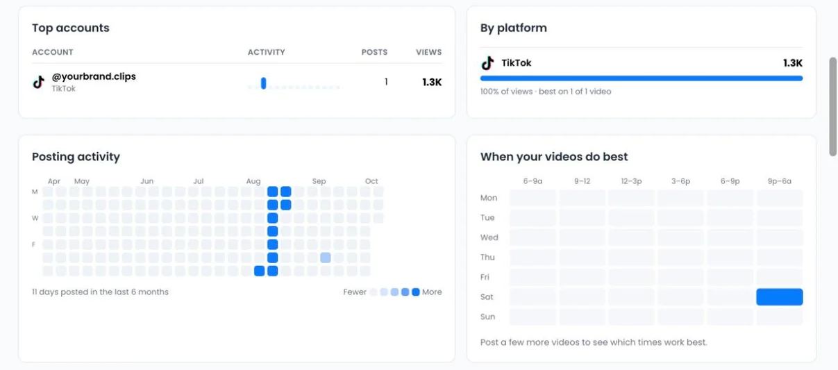 Top accounts, By platform, Posting activity and When your videos do best cards