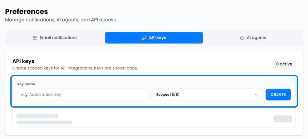 Settings, API keys tab with a key name field, scopes selector and Create button