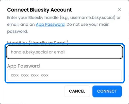 The Connect Bluesky Account dialog with fields for handle or email and app password