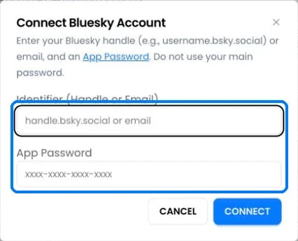 The Connect Bluesky Account dialog with fields for handle or email and app password