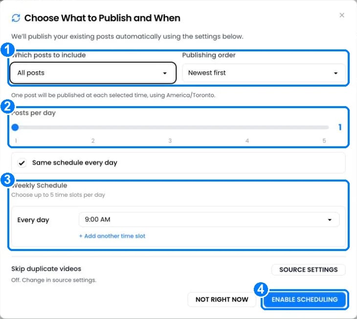 The Choose What to Publish and When dialog with posts to include, publishing order, posts per day, weekly schedule and Enable scheduling
