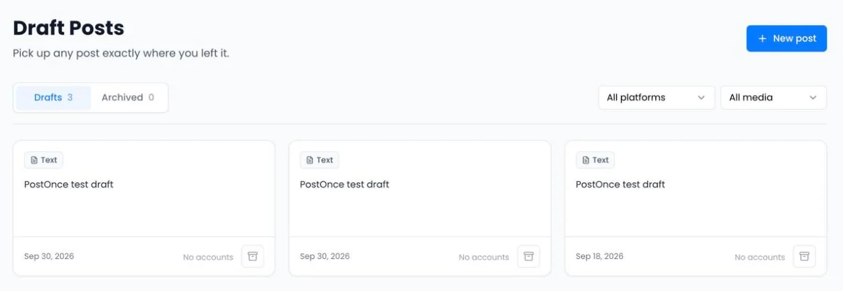 The Draft Posts page with Drafts and Archived tabs and draft cards