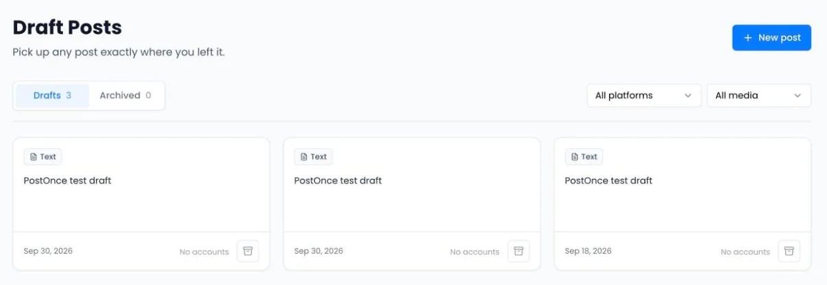 The Draft Posts page with Drafts and Archived tabs and draft cards