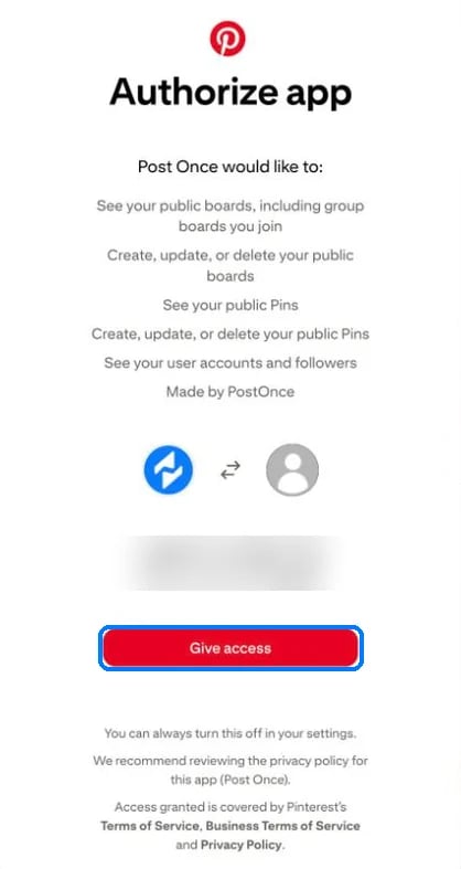 Pinterest's Authorize app screen listing board and Pin permissions with a Give access button