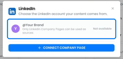 The LinkedIn source picker showing a personal profile marked Not available and a Connect Company Page button