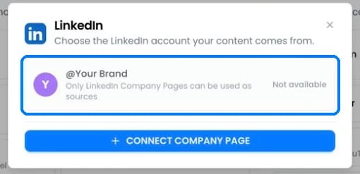 The LinkedIn source picker showing a personal profile marked Not available and a Connect Company Page button