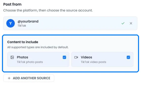 Content to include for a TikTok source: Photos and Videos
