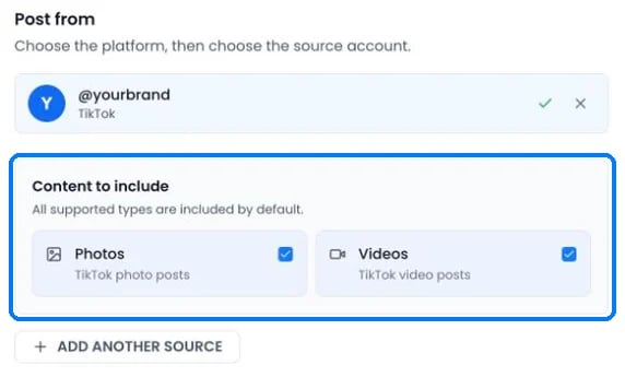 Content to include for a TikTok source: Photos and Videos