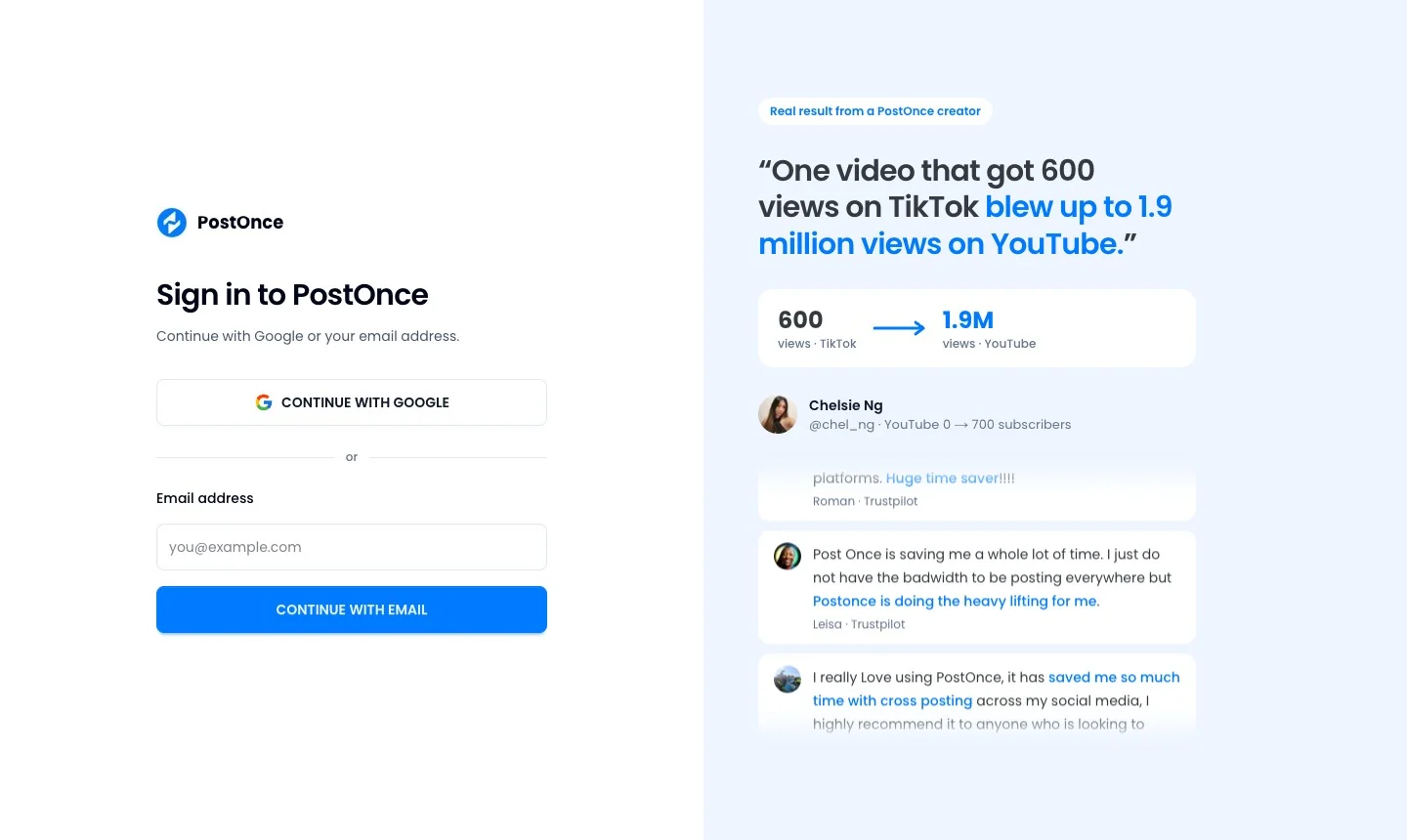 The PostOnce sign-in page with Continue with Google and an email address field