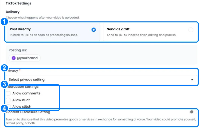 TikTok settings in the composer: delivery, privacy, interaction settings and content disclosure