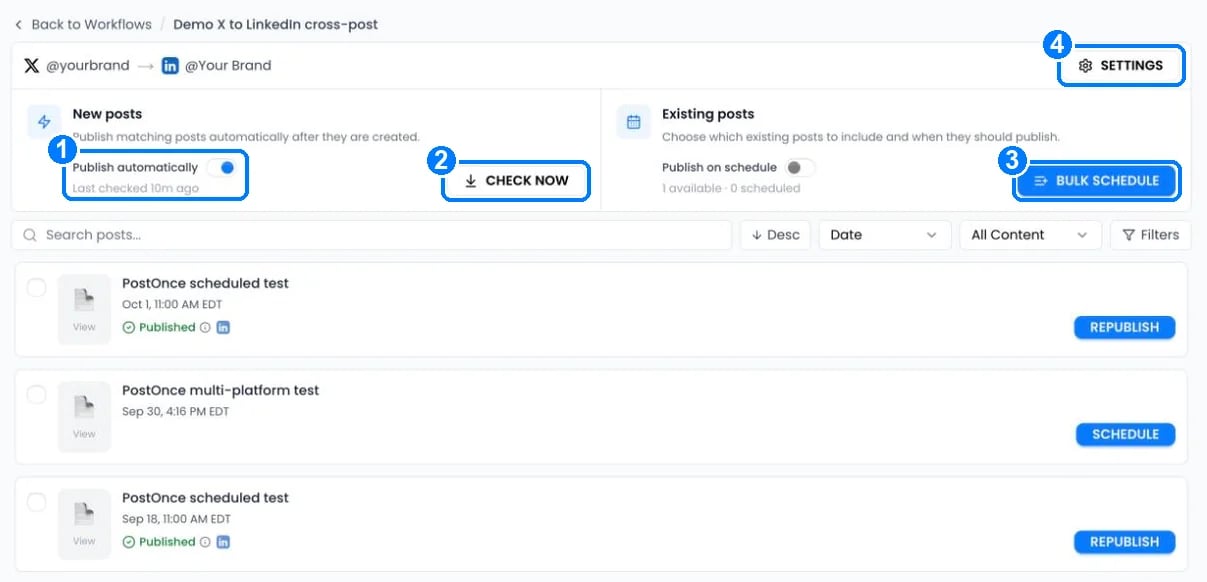 A workflow page with the Publish automatically switch, Check now, Bulk schedule and Settings buttons, and a list of copied posts