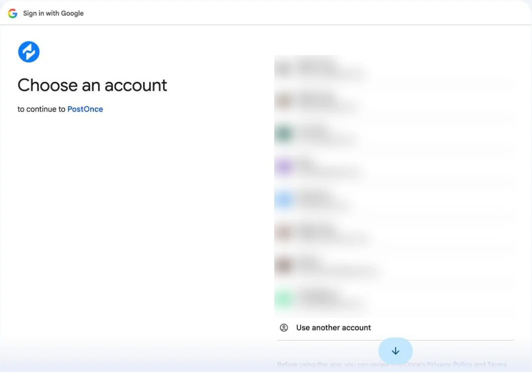 Google's Choose an account screen to continue to PostOnce, with the account list blurred