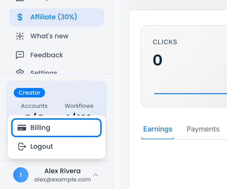 The account menu at the bottom of the sidebar with the Billing option