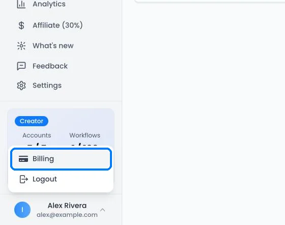 The account menu at the bottom of the sidebar with the Billing option