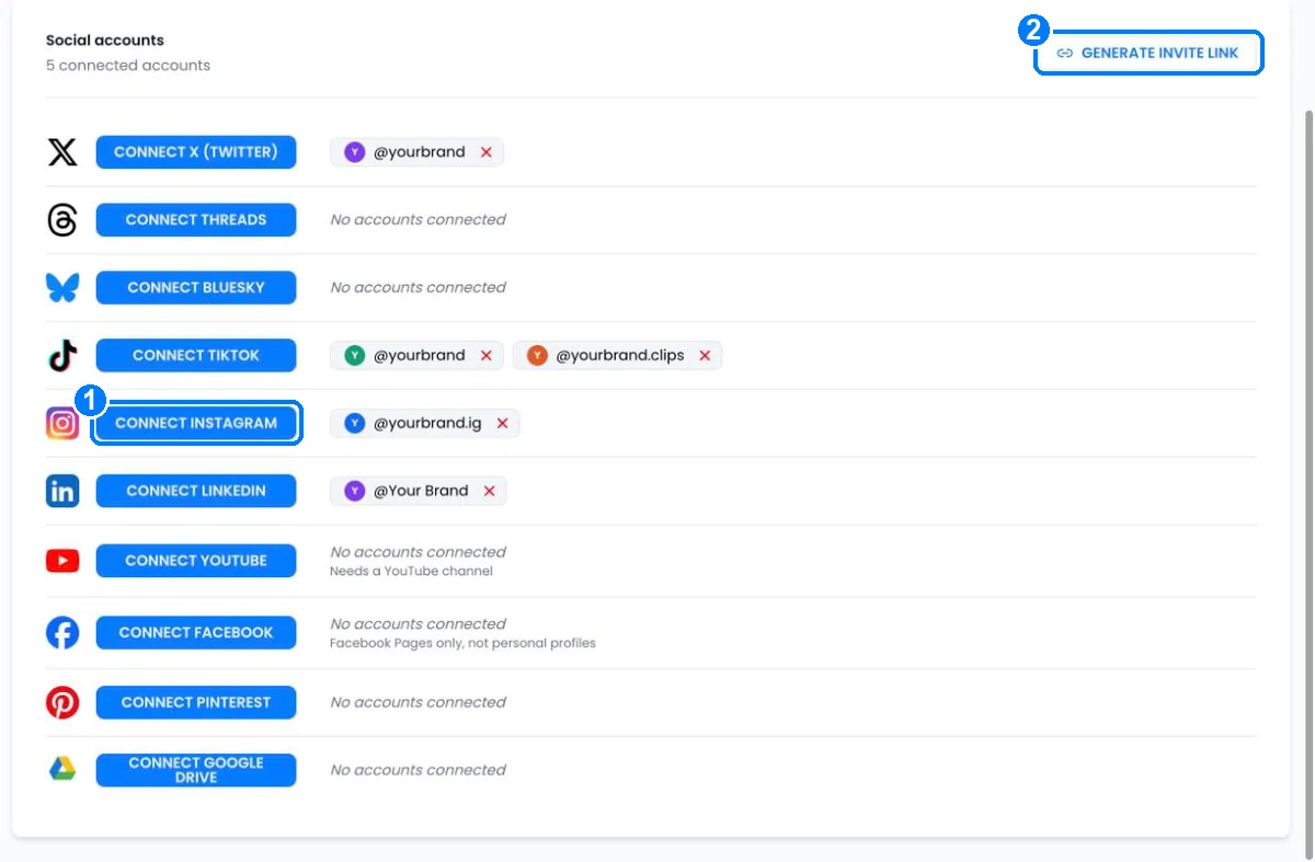 The Connected Accounts page with a Connect button for each platform and a Generate invite link button