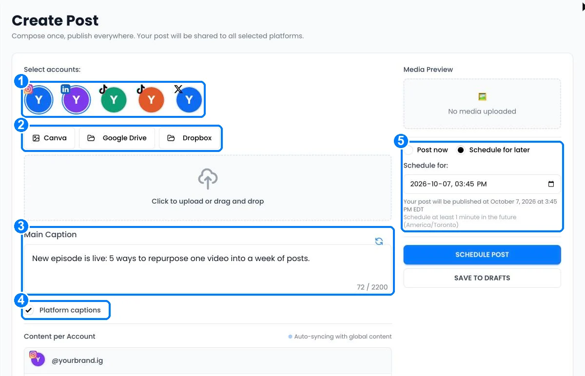 The Create Post page with account picker, media import buttons, caption box, Platform captions option and scheduling panel