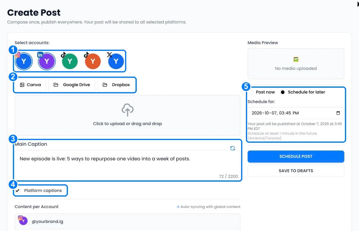 The Create Post page with account picker, media import buttons, caption box, Platform captions option and scheduling panel