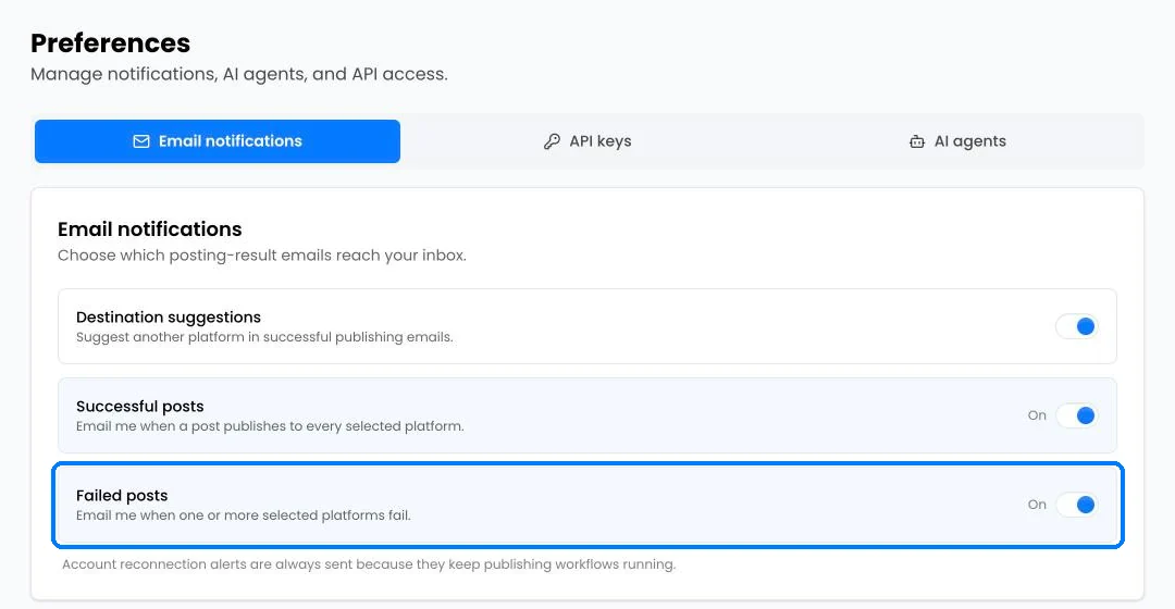 Email notification settings with Failed posts switched on